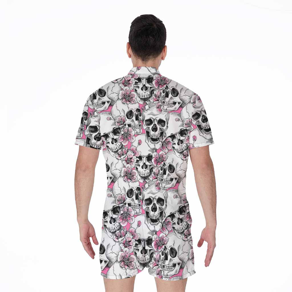 Pink Flowers Skull Pattern Print Men's Rompers