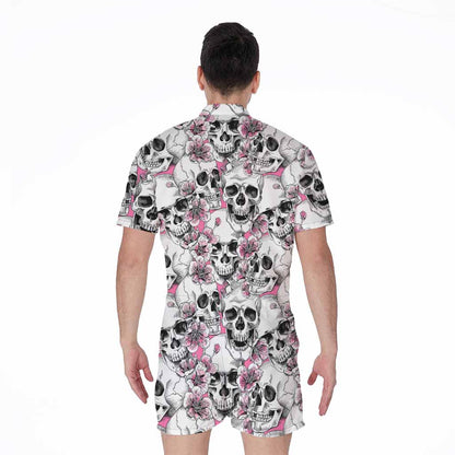 Pink Flowers Skull Pattern Print Men's Rompers
