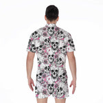 Pink Flowers Skull Pattern Print Men's Rompers