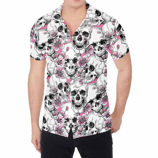Pink Flowers Skull Pattern Print Men's Shirt