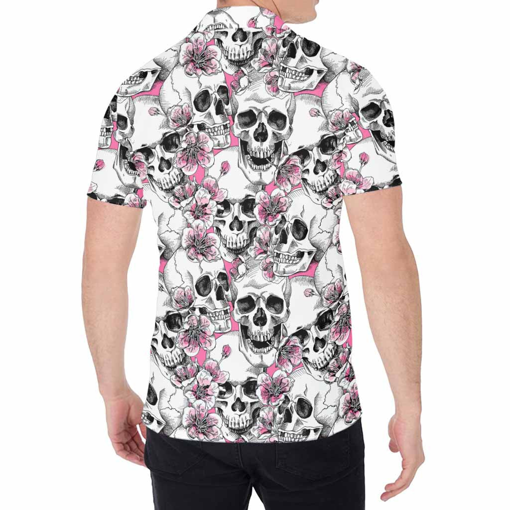 Pink Flowers Skull Pattern Print Men's Shirt