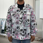 Pink Flowers Skull Pattern Print Men's Shirt Jacket