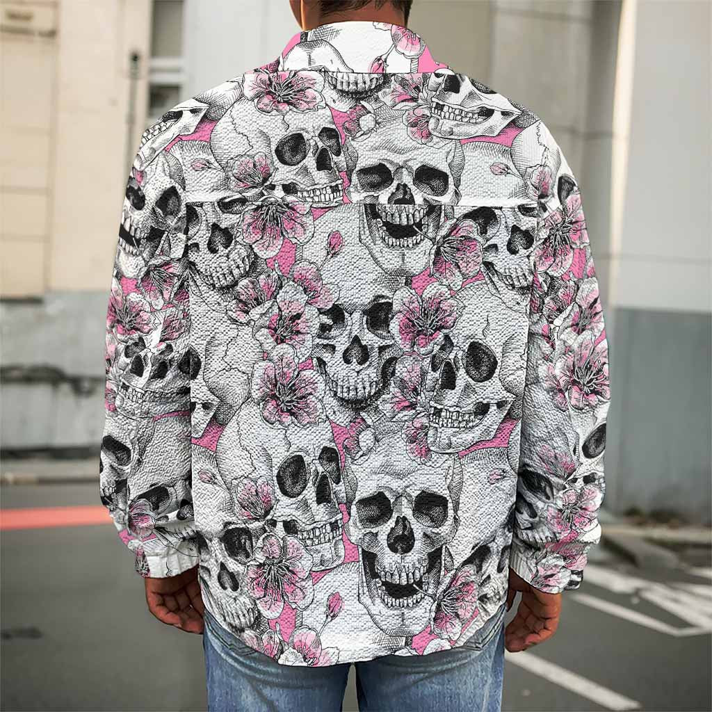 Pink Flowers Skull Pattern Print Men's Shirt Jacket