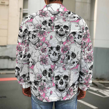 Pink Flowers Skull Pattern Print Men's Shirt Jacket