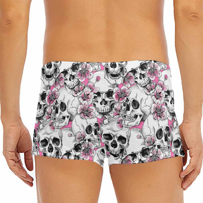 Pink Flowers Skull Pattern Print Men's Short Boxer Briefs