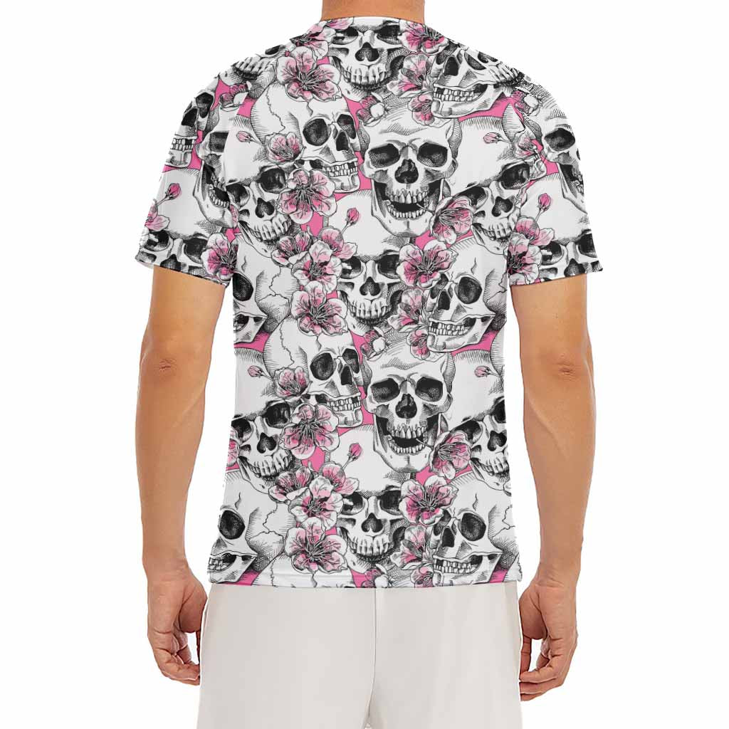 Pink Flowers Skull Pattern Print Men's Short Sleeve Rash Guard