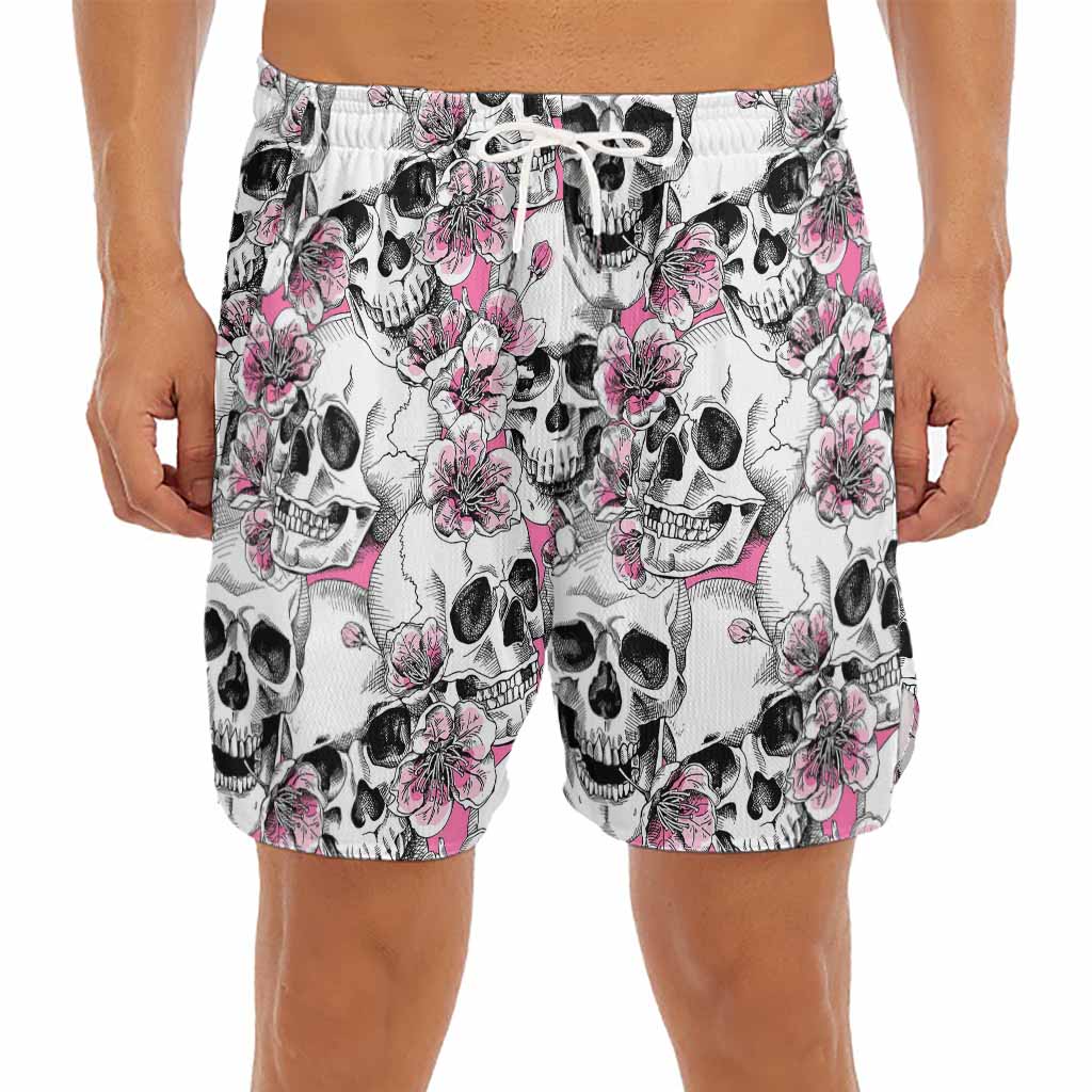 Pink Flowers Skull Pattern Print Men's Split Running Shorts