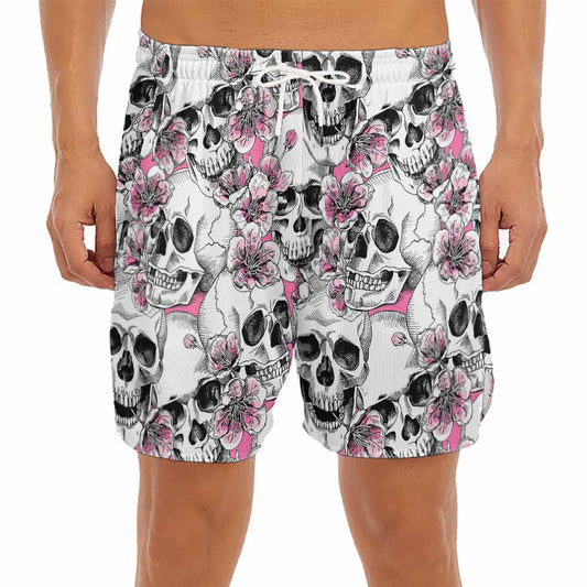 Pink Flowers Skull Pattern Print Men's Split Running Shorts