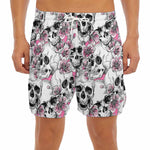 Pink Flowers Skull Pattern Print Men's Split Running Shorts