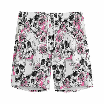 Pink Flowers Skull Pattern Print Men's Sports Shorts
