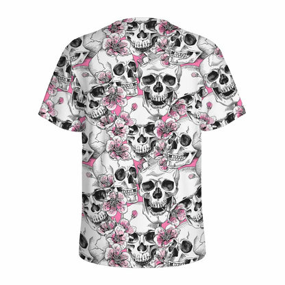Pink Flowers Skull Pattern Print Men's Sports T-Shirt