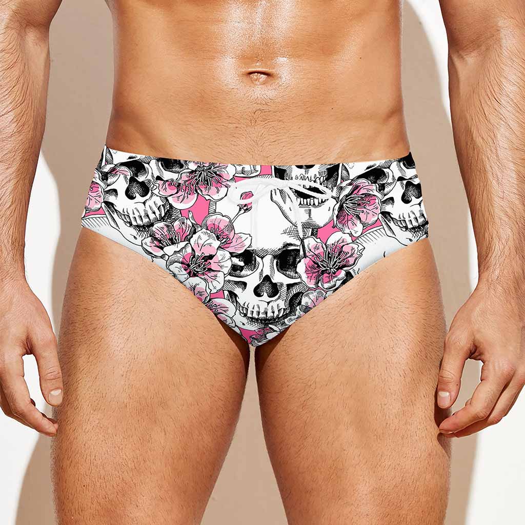 Pink Flowers Skull Pattern Print Men's Swim Briefs