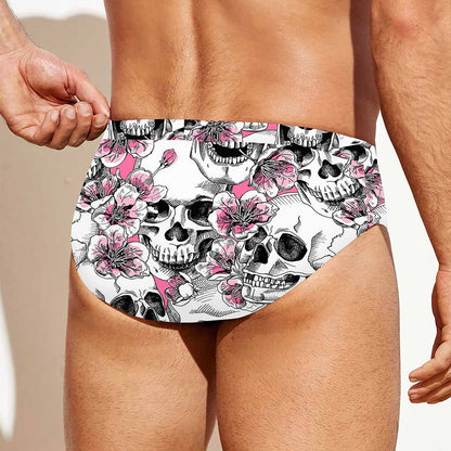 Pink Flowers Skull Pattern Print Men's Swim Briefs