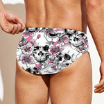 Pink Flowers Skull Pattern Print Men's Swim Briefs