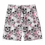 Pink Flowers Skull Pattern Print Men's Swim Trunks