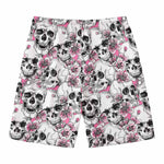 Pink Flowers Skull Pattern Print Men's Swim Trunks