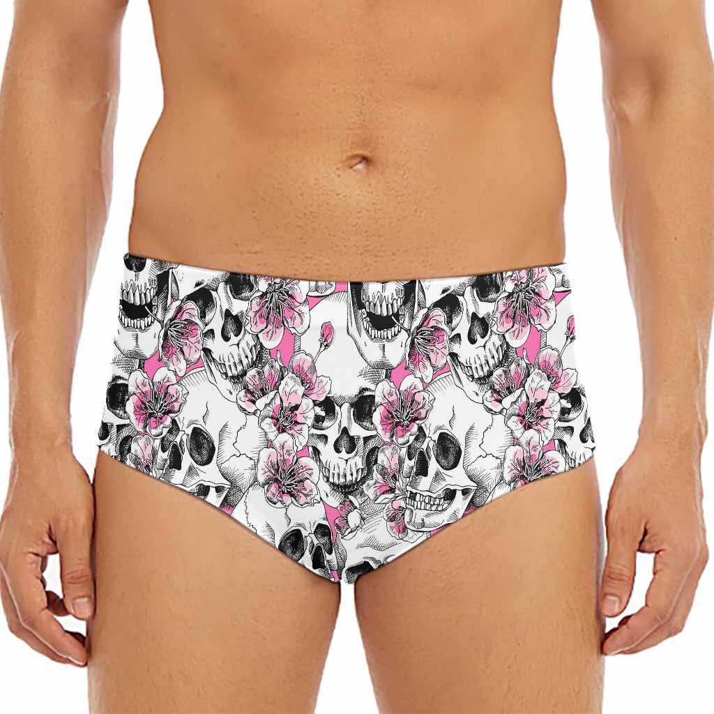Pink Flowers Skull Pattern Print Men's Triangle Swim Briefs