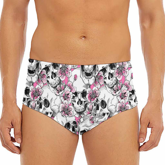 Pink Flowers Skull Pattern Print Men's Triangle Swim Briefs