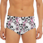 Pink Flowers Skull Pattern Print Men's Triangle Swim Briefs