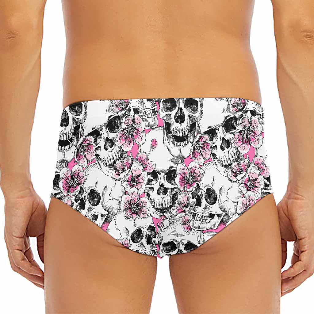 Pink Flowers Skull Pattern Print Men's Triangle Swim Briefs