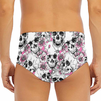 Pink Flowers Skull Pattern Print Men's Triangle Swim Briefs