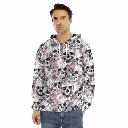 Pink Flowers Skull Pattern Print Men's Velvet Pullover Hoodie