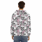 Pink Flowers Skull Pattern Print Men's Velvet Pullover Hoodie
