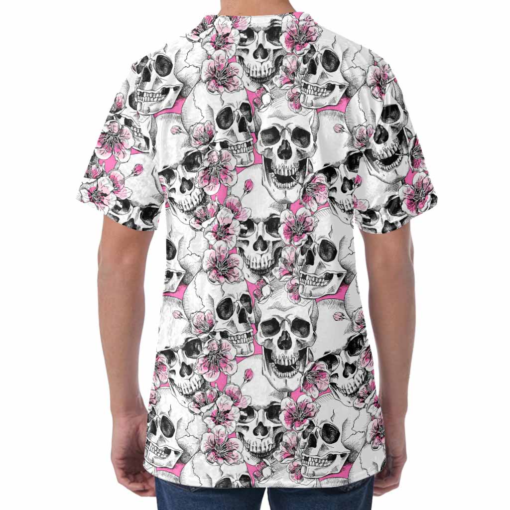Pink Flowers Skull Pattern Print Men's Velvet T-Shirt