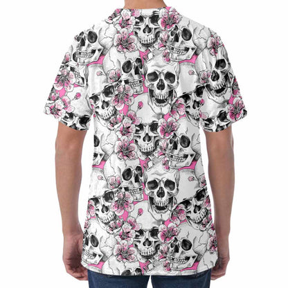 Pink Flowers Skull Pattern Print Men's Velvet T-Shirt