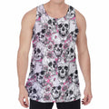 Pink Flowers Skull Pattern Print Men's Velvet Tank Top