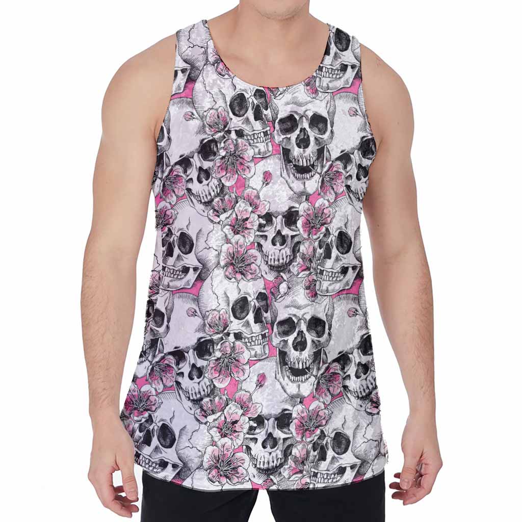 Pink Flowers Skull Pattern Print Men's Velvet Tank Top