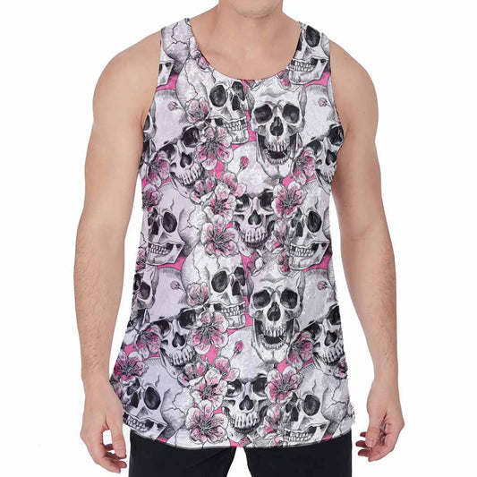 Pink Flowers Skull Pattern Print Men's Velvet Tank Top