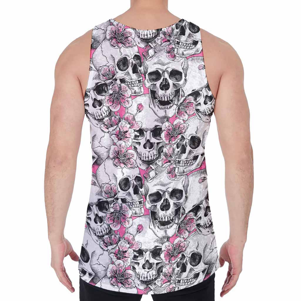 Pink Flowers Skull Pattern Print Men's Velvet Tank Top