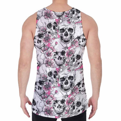 Pink Flowers Skull Pattern Print Men's Velvet Tank Top