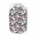 Pink Flowers Skull Pattern Print Mesh Laundry Hamper