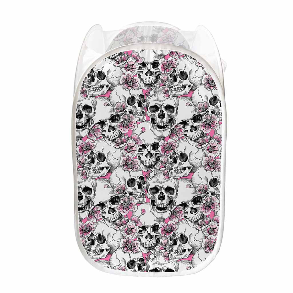 Pink Flowers Skull Pattern Print Mesh Laundry Hamper