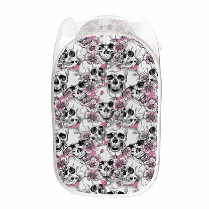 Pink Flowers Skull Pattern Print Mesh Laundry Hamper
