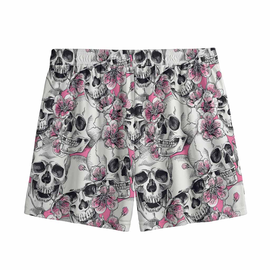Pink Flowers Skull Pattern Print Mesh Shorts