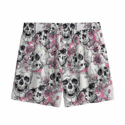 Pink Flowers Skull Pattern Print Mesh Shorts