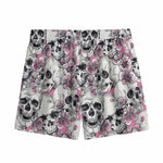 Pink Flowers Skull Pattern Print Mesh Shorts