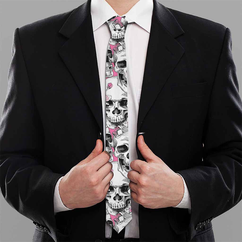Pink Flowers Skull Pattern Print Necktie