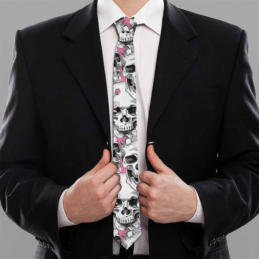 Pink Flowers Skull Pattern Print Necktie