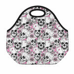 Pink Flowers Skull Pattern Print Neoprene Lunch Bag