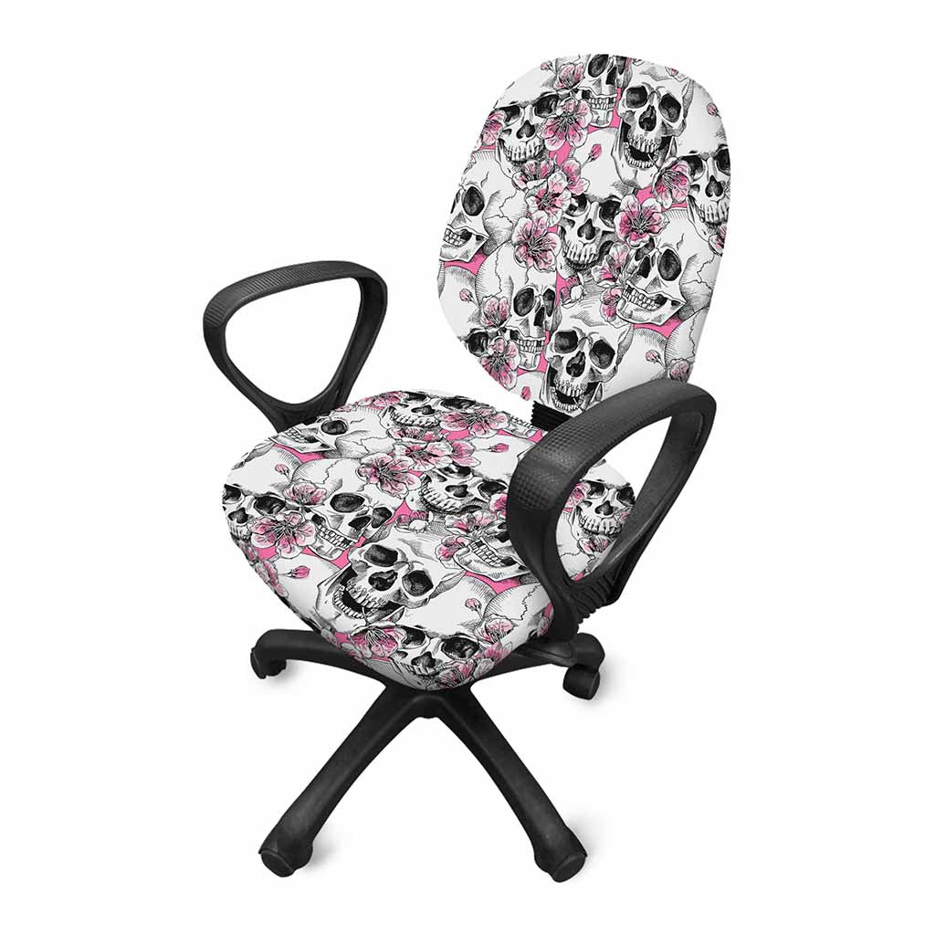 Pink Flowers Skull Pattern Print Office Chair Cover
