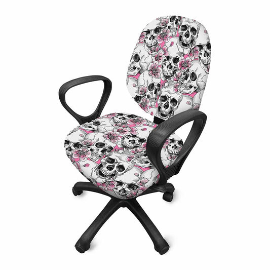 Pink Flowers Skull Pattern Print Office Chair Cover