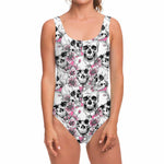 Pink Flowers Skull Pattern Print One Piece Swimsuit