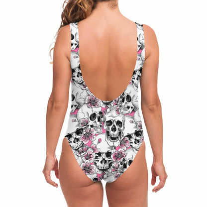Pink Flowers Skull Pattern Print One Piece Swimsuit