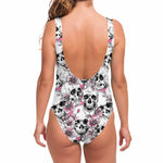 Pink Flowers Skull Pattern Print One Piece Swimsuit