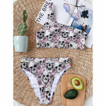 Pink Flowers Skull Pattern Print One Shoulder Bikini Top