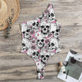 Pink Flowers Skull Pattern Print One Shoulder Bodysuit